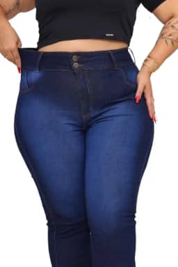 Calça Jeans Feminina Plus Size Flare Cintura Alta Com Lycra Azul Escuro