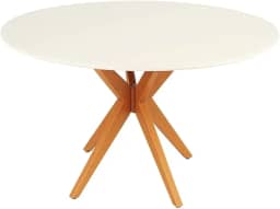 Mesa de Jantar Redonda Laqueada Tampo com Vidro Temperado Base Estrela em Madeira Maciça Mel (90 CM)