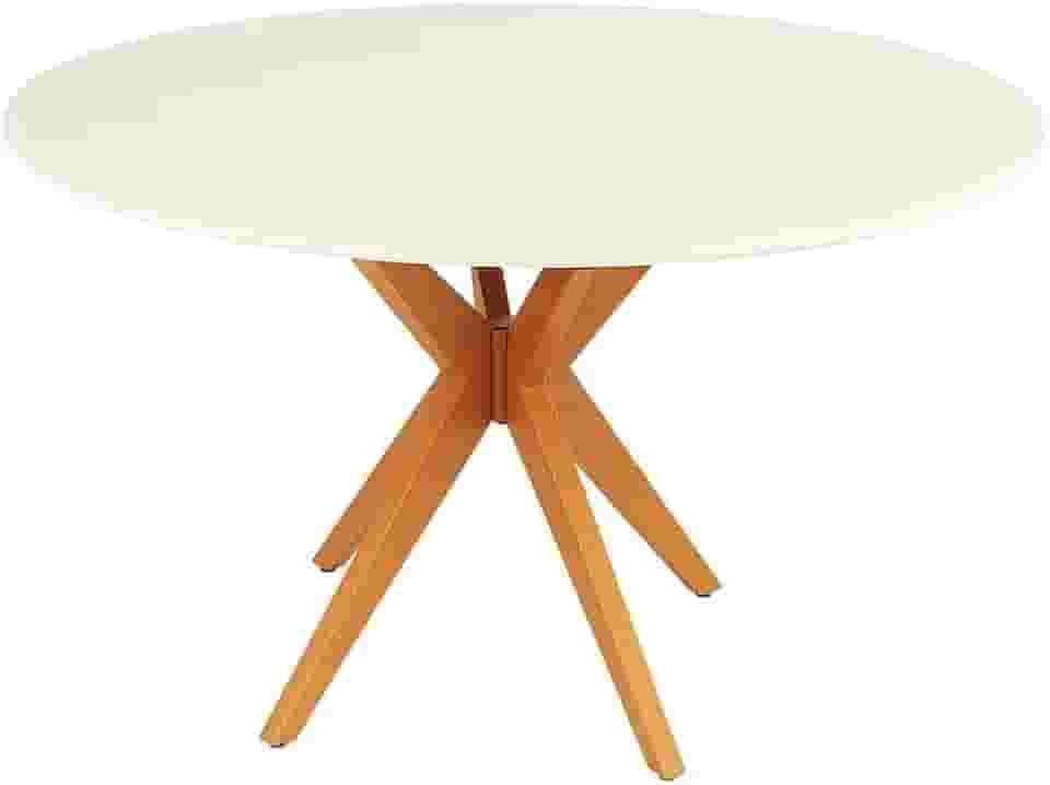 Mesa de Jantar Redonda Laqueada Tampo com Vidro Temperado Base Estrela em Madeira Maciça Mel (90 CM)