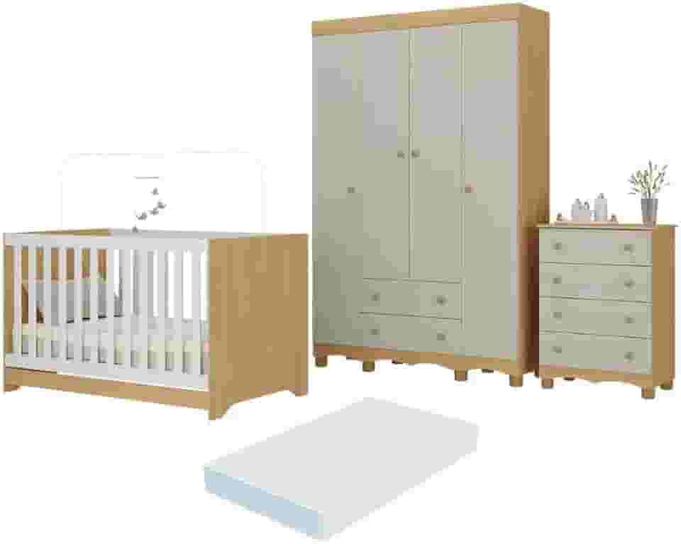 Quarto de Bebê Completo Berço Americano 3 em 1 Colchão Dengo Multimóveis Mp4604 Madeirado/off White