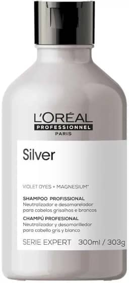 L'Oreal Professionnel Shampoo Silver, Neutraliza Tons Amarelos Indesejados, Com Pigmentos Roxo, Para Cabelos Brancos e Grisalhos, Promove Brilho & Maciez, 300ml