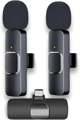 Kit Microfone Lapela Sem Fio Duplo USB-C – Redução de Ruído, Bateria 5h, Alcance 20m – Compatível com iPhone 15/16 e Android – Ideal para Vídeo, Entrevista, Vlog