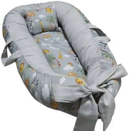 Ninho Redutor de Berço e Cama em Percal 200 Fios com Travesseiro para Bebê Recém-Nascido (SAFARI CINZA)