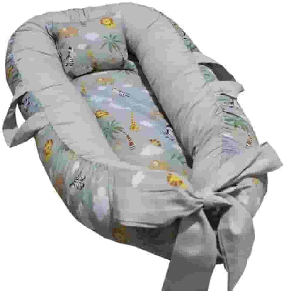 Ninho Redutor de Berço e Cama em Percal 200 Fios com Travesseiro para Bebê Recém-Nascido (SAFARI CINZA)