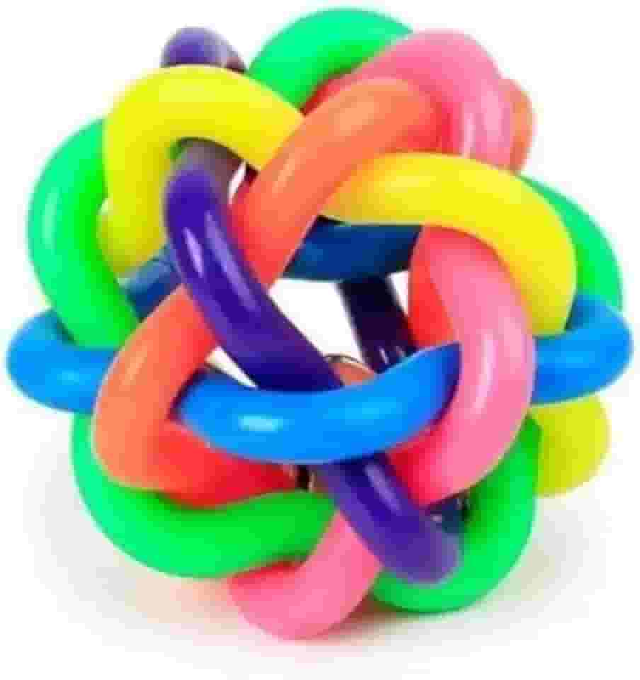 Bola Grande Trançada com Sino para Cães – Brinquedo Interativo para Pets, Estimula Atividade Física, Atóxica e Resistente – Colorida - (Pequeno 5,0cm)