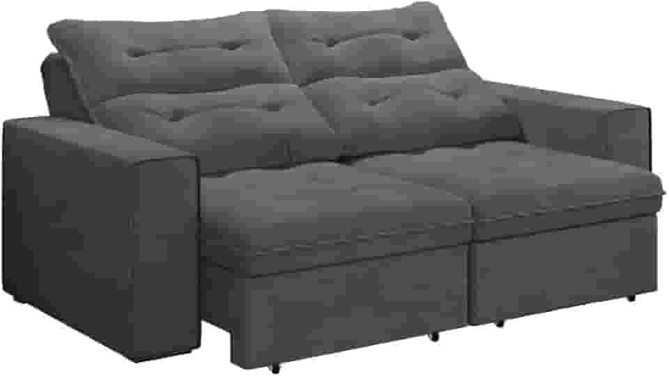 Sofá Retrátil e Reclinável com Baú 2m 3 Lugares Maverik Suede Cinza Com Molas