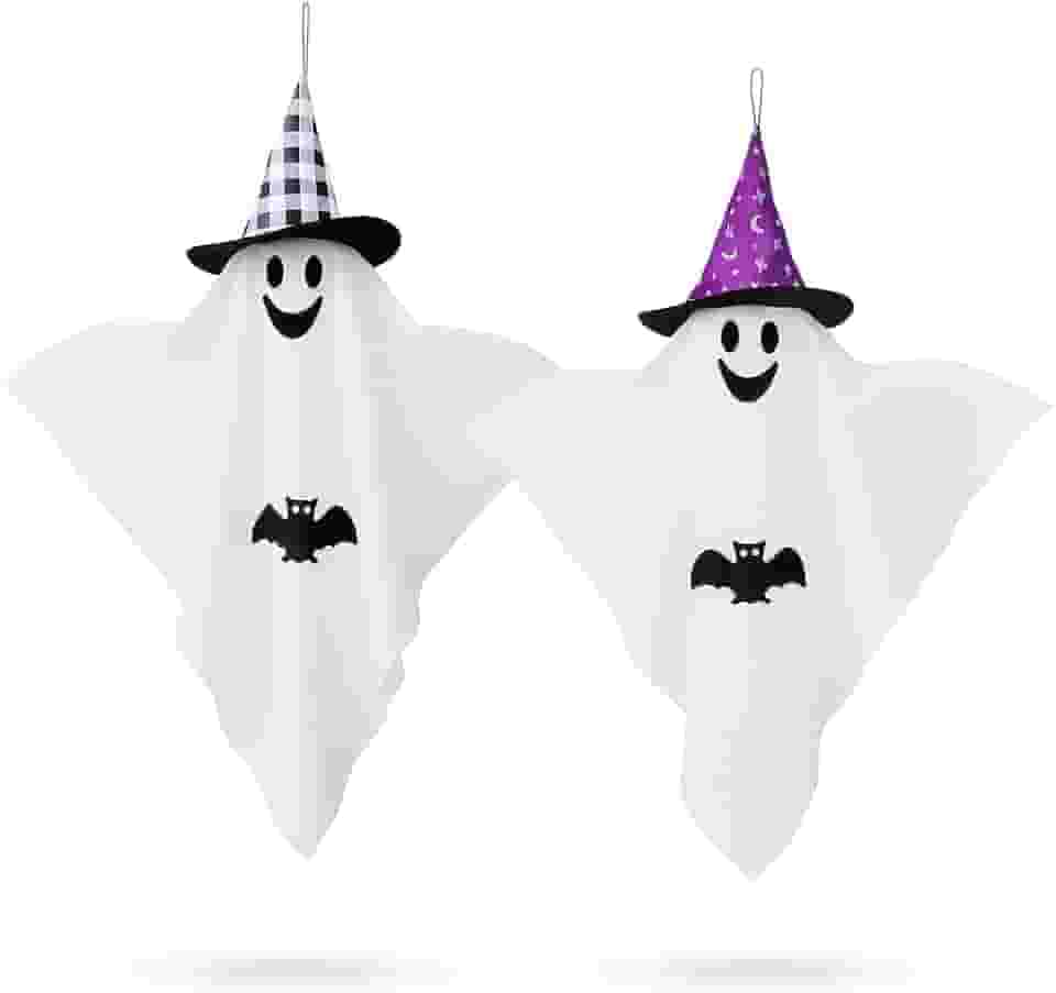 Kit 2 Fantasmas Decorativos Halloween com Chapéu de Bruxa – Enfeites Suspensos com Desenho de Morcego, Ideal para Jardim, Varanda, Festas e Decoração Assustadora
