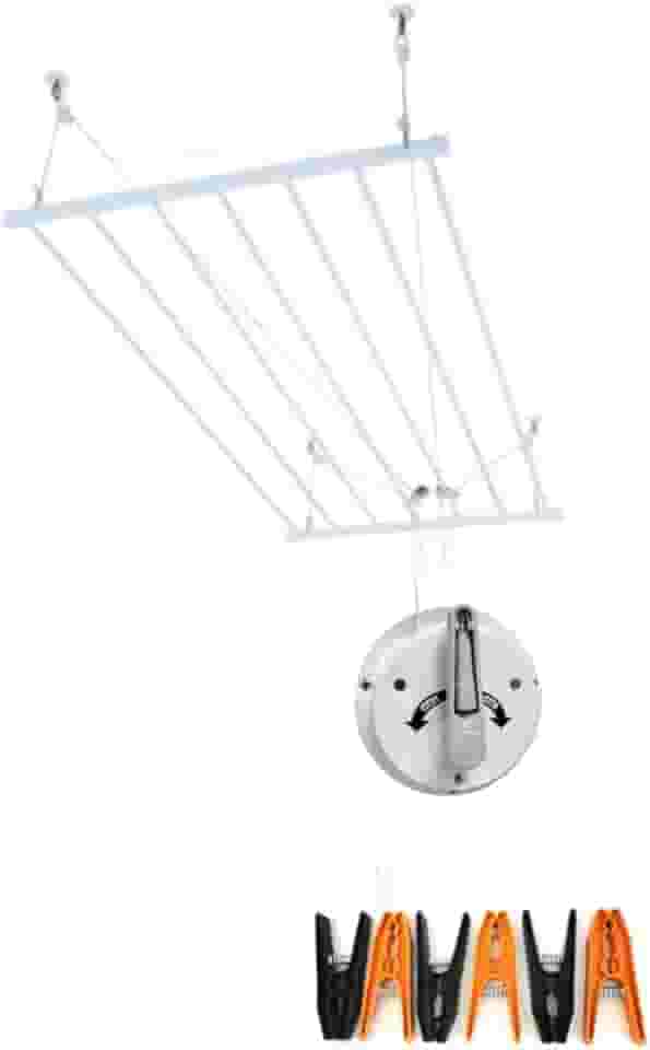 Varal de Teto em Alumínio, Retrátil, Com 8 Varetas 100cm X 60cm Com Manivela Instalação no Teto