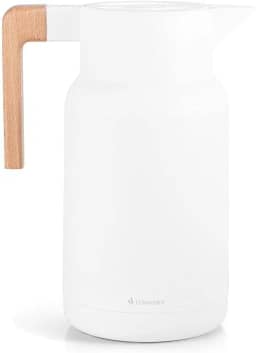 TERMOPRO Garrafa Termica 1 Litro Branca Wood Fashion Bule Cafe Cha Suco com Ampola de Vidro Tampa Vedada Acabamento Madeira Design Sofisticado Elegante Mesa Posta Gourmet