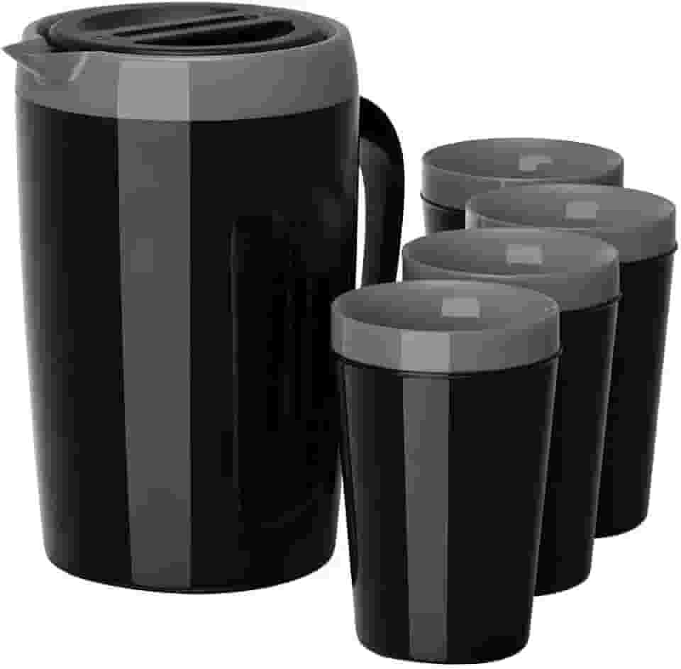 Kit Jarra Térmica Caribe 2l E 4 Copos Térmicos Água Suco Chá - Preto