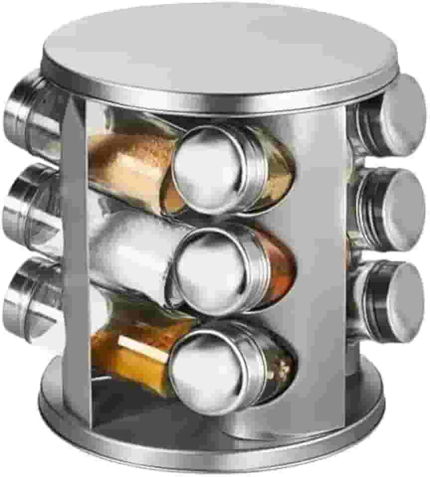 Porta Temperos Giratório 12 Potes Vidro com Tampa Inox – Elegante, Compacto e Prático para Organização da Cozinha - Premium