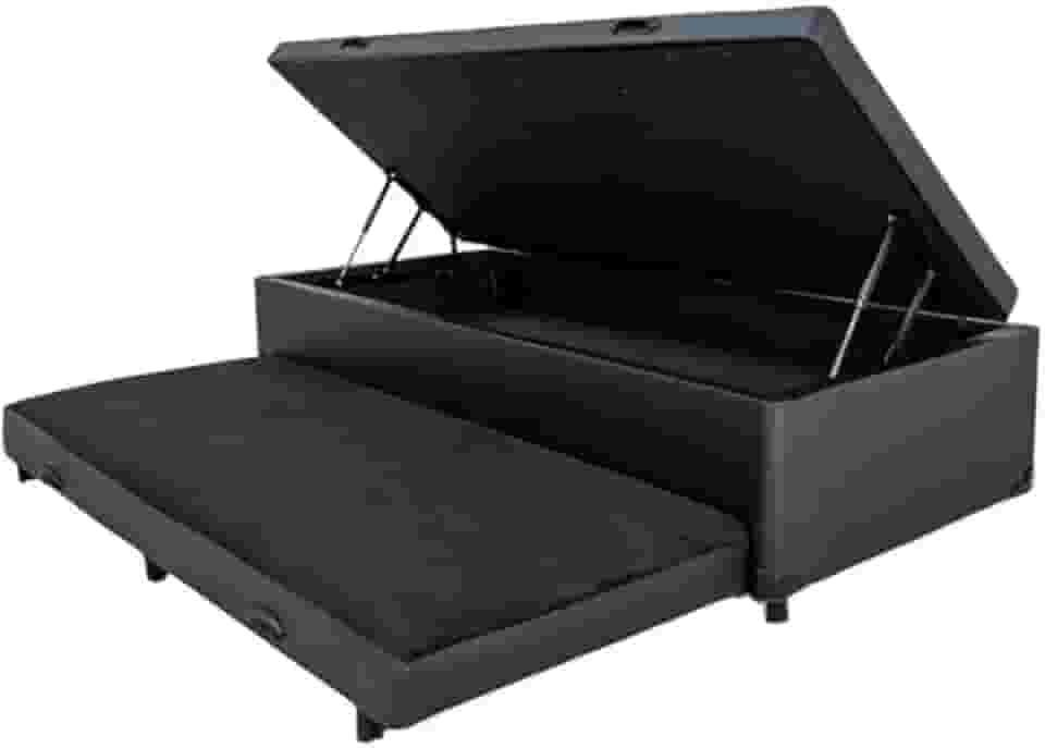 Cama Box Báu Solteiro C/Auxiliar com espuma de 6cm, Com Pistão a Gás, Suporta 200kg (Corino Preto)