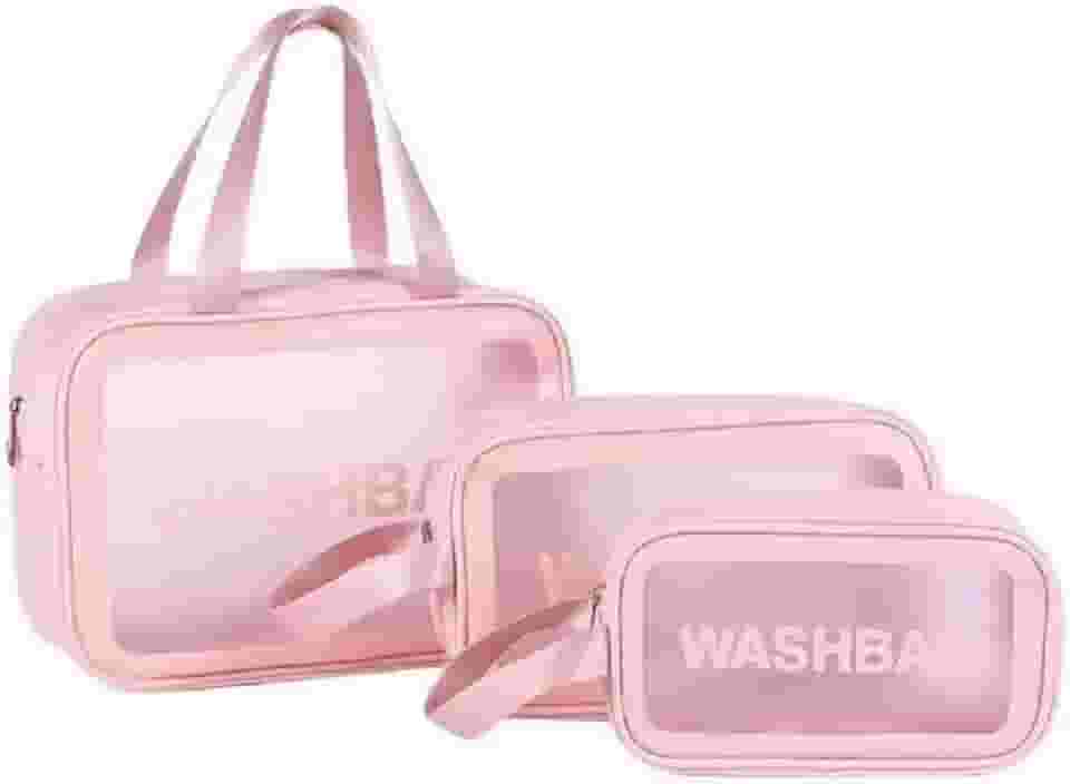 Kit 3 Necessaire Transparente Organizador Maquiagem Bolsa Mala-Vende Mais (Rosa)