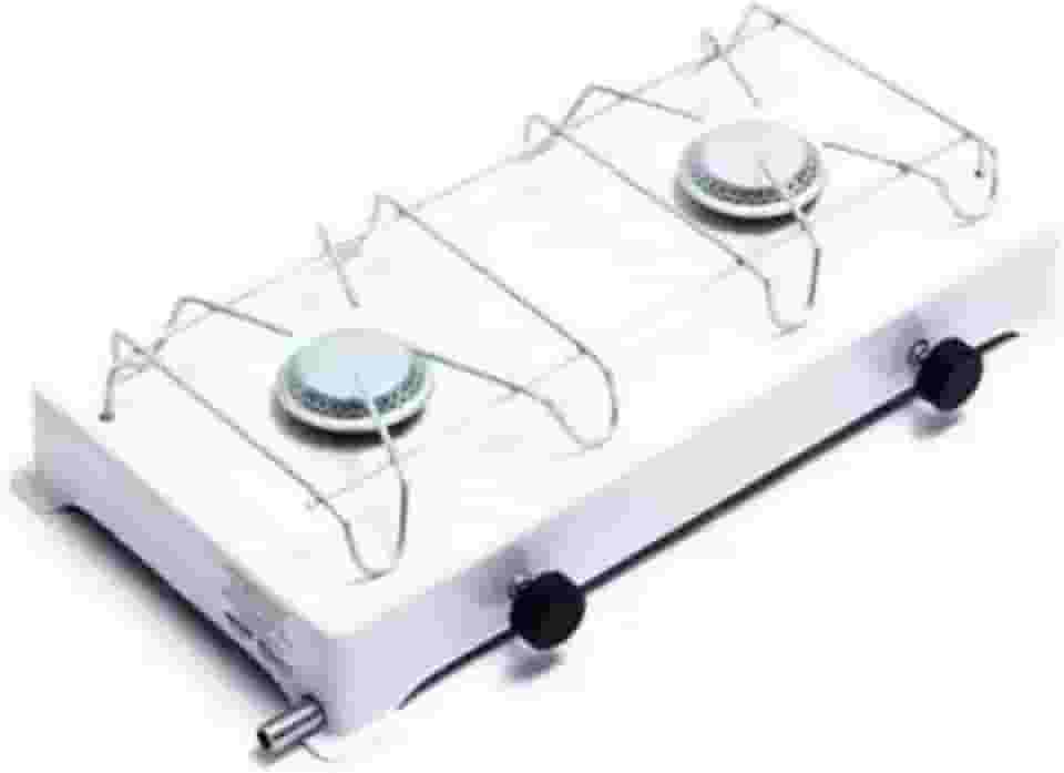 Fogão Portátil 2 Bocas a Gás, Base em Metal Branco, Suporte em GradeIdeal para espaços pequenos uso domésticos