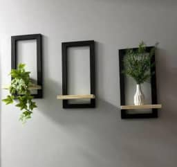 Conjunto de 3 Quadros Decorativos com Moldura Preta e Prateleira em Pinus, 40x20 cm