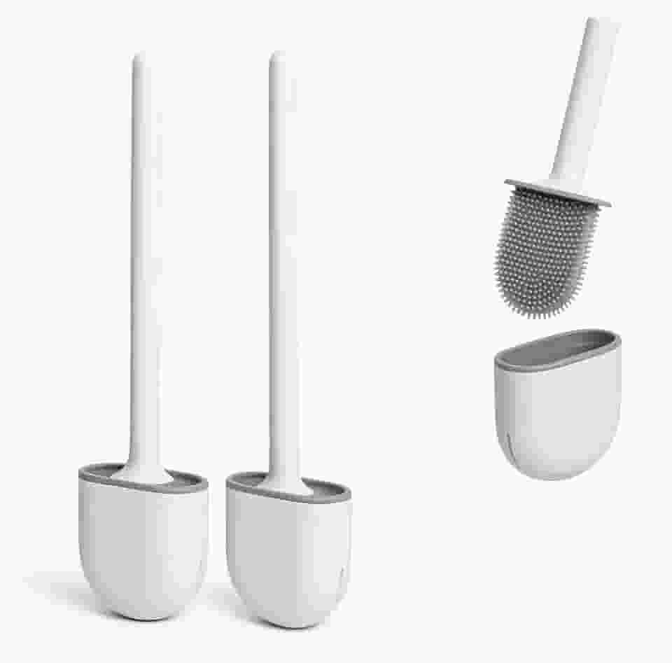 Escova de Vaso Sanitário em Silicone – Kit com 2 Unidades, Suporte Adesivo de Parede, Design Slim, Fácil Limpeza
