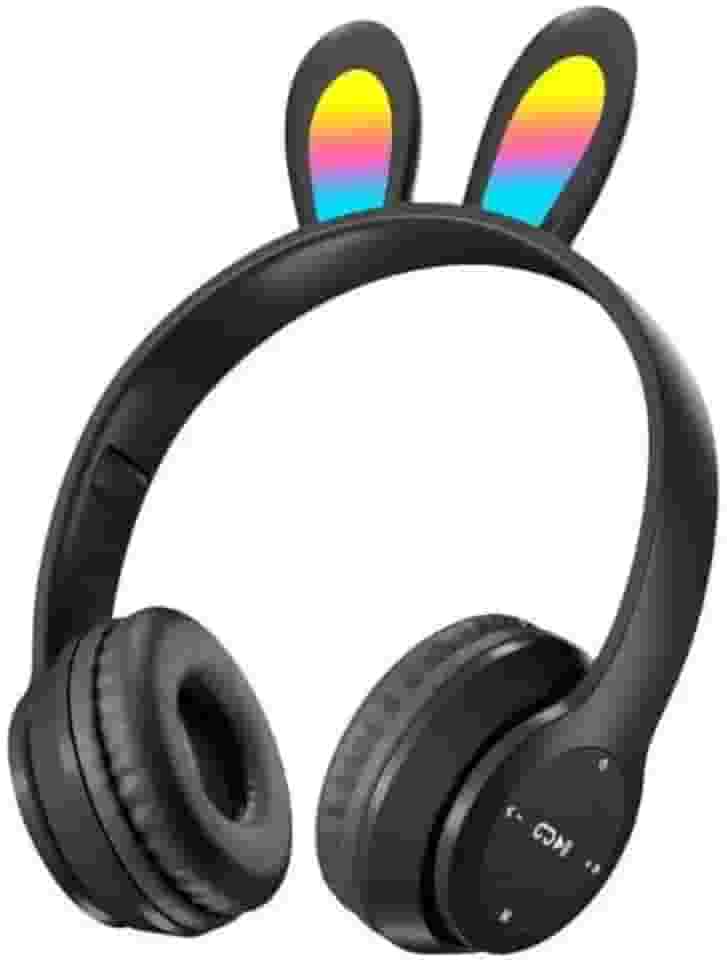 Fone de Ouvido Bluetooth com Orelhas de Coelho LED, 18h de Bateria (Preto)