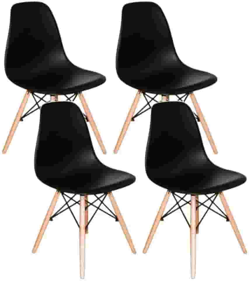 Kit 4 Cadeiras Eiffel Charles Eames DSW – Polipropileno Preto e Base de Madeira Clara – Sala de Jantar, Cozinha ou Escritório (Preto)