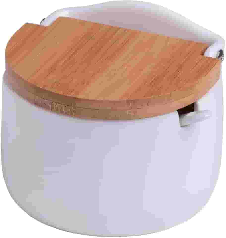 LYOR - Saleiro de Mesa de Cerâmica com Tampa de Bambu e Colher Bianco 10cm x 9,5cm x 9,5cm