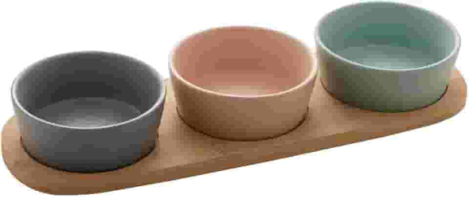 LYOR - Conjunto Petisqueira + Bandeja de Bambu e 3 Potes de Cerâmica com Capacidade 300ml cada