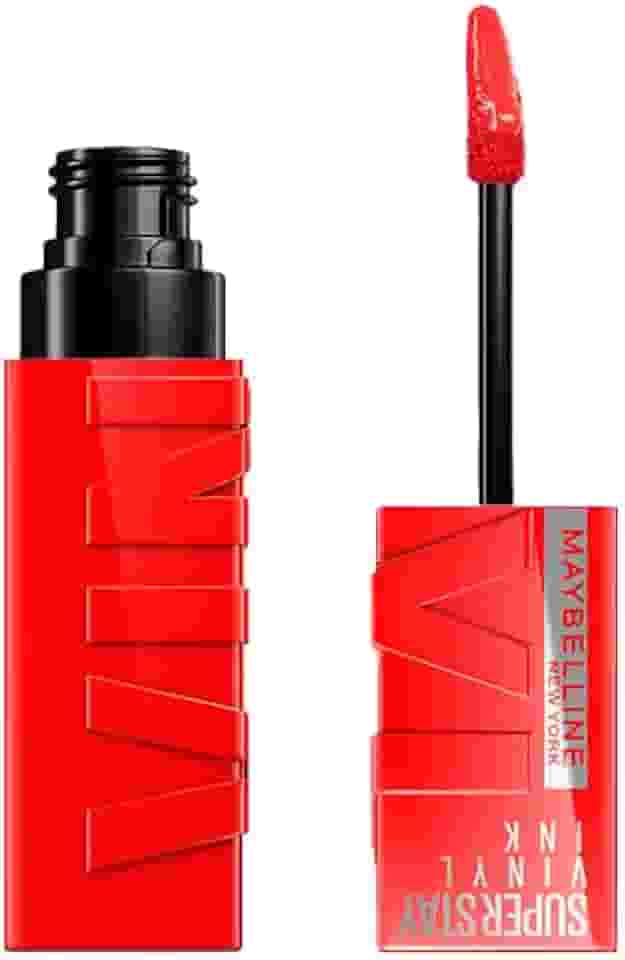 Maybelline NY SuperStay Vinyl Ink Batom Líquido, Longa Duração, Acabamento Vinil Espelhado e Efeito Gloss, Brilho Instantâneo, Conforto para os Lábios, Fórmula Vegana, Cor Red-Hot 4,2ml