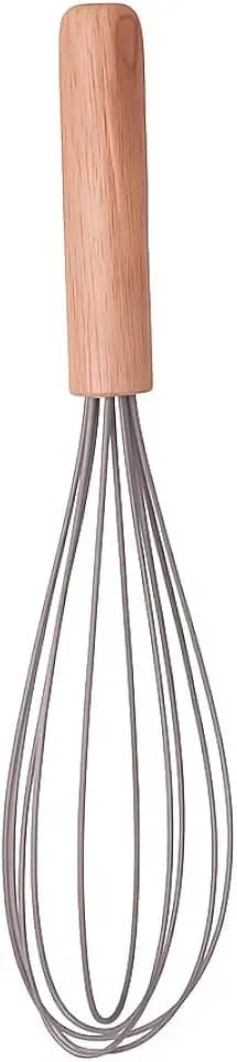 Batedor de Ovos em Silicone, Cabo de Madeira, 24,5cm, Fouet, Resistente ao Calor, Antirrisco, Cozinha, Massas, Fácil Limpeza