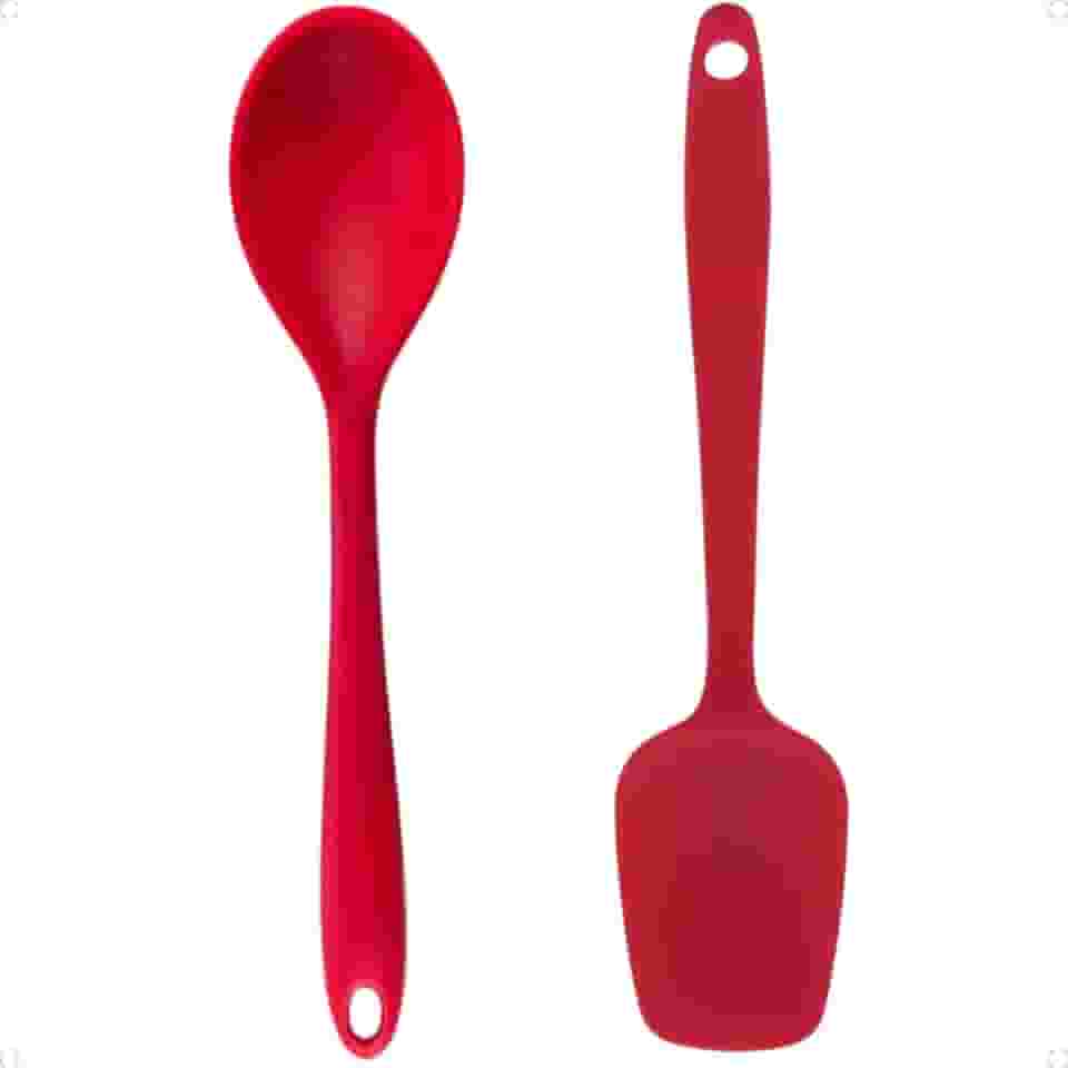 Kit Colher e Espátula de Silicone Premium Utensílios para Cozinha Flexível e Resistente ao Calor Ideal para Preparar Alimentos Não Risca as Panelas (Vermelho)
