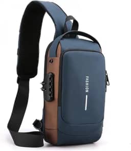 Mochila Transversal Masculina Anti-roubo Com Carregador USB Com Cadeado Pochete Transversal Esportes Viagens Bolsa de Peito à Prova D'água Shoulder Bag CHARIS (Azul com Dourado)
