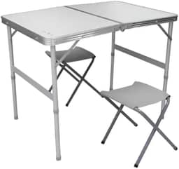 Mesa Dobrável Tipo Maleta com 2 Banquetas, Alumínio e MDF Aluminizado, Branca, 90x60x70cm, Portátil para Camping, Praia e Piquenique