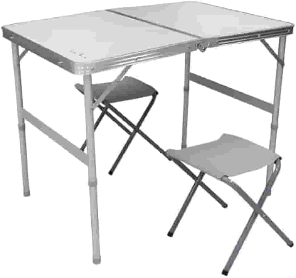 Mesa Dobrável Tipo Maleta com 2 Banquetas, Alumínio e MDF Aluminizado, Branca, 90x60x70cm, Portátil para Camping, Praia e Piquenique