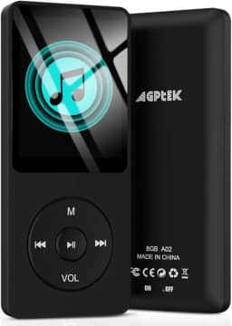 AGPTEK Leitor de MP3 A02 de 8 GB, reprodutor de música de som sem perdas de 70 horas, suporta até 128 GB, preto