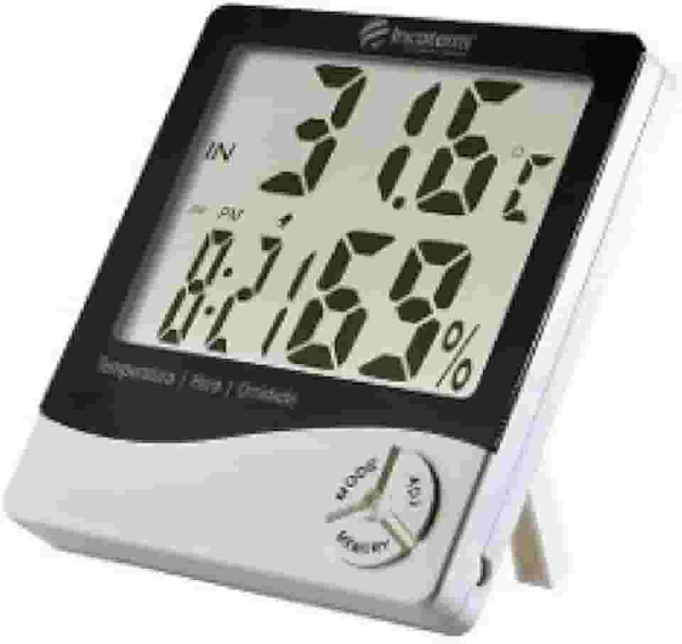 TERMO HIGROMETRO DIGITAL COM MAXIMA E MINIMA MEDIDOR DE TEMPERATURA E UMIDADE COM RELOGIO E ALARME INCOTERM