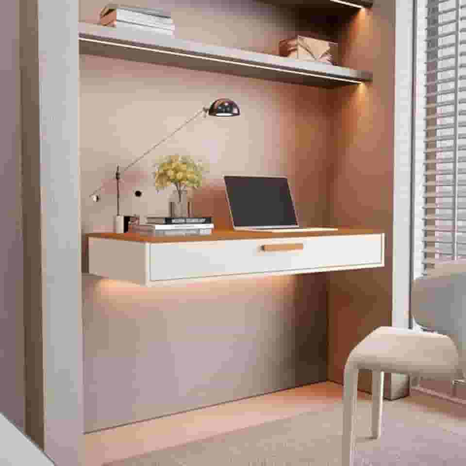 Escrivaninha Estudos Bancada Suspensa Penteadeira Rack Sabrina Cor Off white/nature - MJM Casa dos Móveis