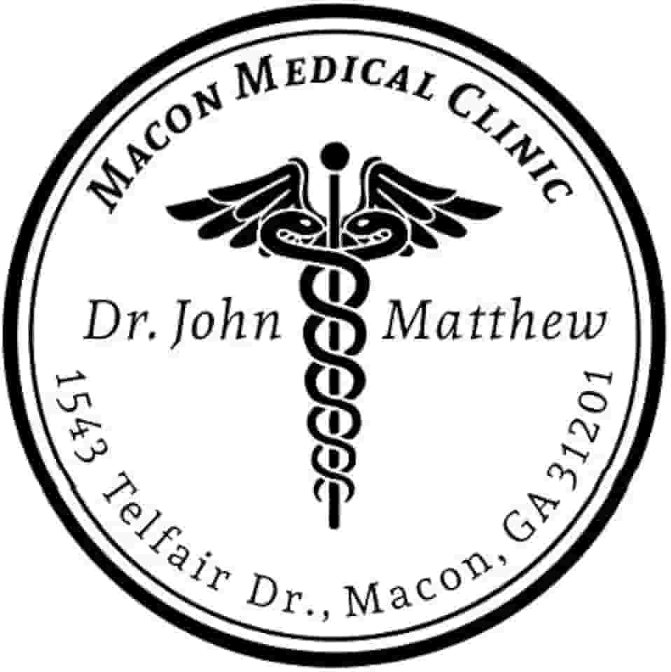 Selo Médico Redondo Personalizado com Caduceu - Nome da Clínica, Nome do Dr. e Endereço - Vermelho, Azul, Preto, Verde, Roxo, Marrom