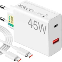Carregador Universal Super Turbo 45W - 2 Saídas USB-C e USB-A, acompanha Cabo Emborrachado de 1M Ultra Rapido (Tipo-C para Tipo-C), Compatível com iPhone 15 e 16 e todos os Android