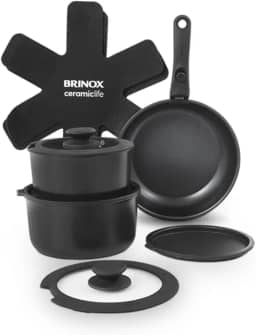 Brinox - Jogo de Panelas Antiaderente Ceramic Life 10 Peças Cabo Removível Fit - Preto