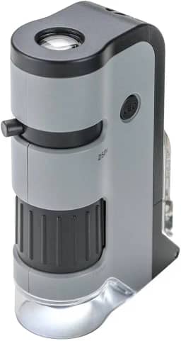 Microscópio de Bolso Carson MicroFlip 100x-250x c/LED, lanterna UV e clip para Smartphone