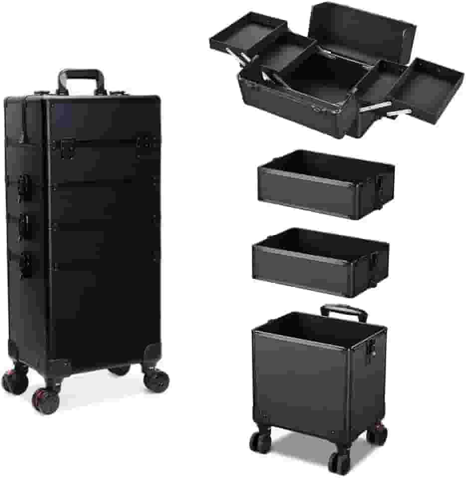Maleta Mala de Maquiagem Profissional Com Divisórias e Rodinha 360 Graus 4 Andar Preta MS814 914P