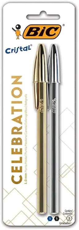 Caneta Premium Bic Cristal Celebration, Pacote com 2 Canetas, 1 Azul e 1 Preta, Ponta Esferográfica Média de 1.0mm