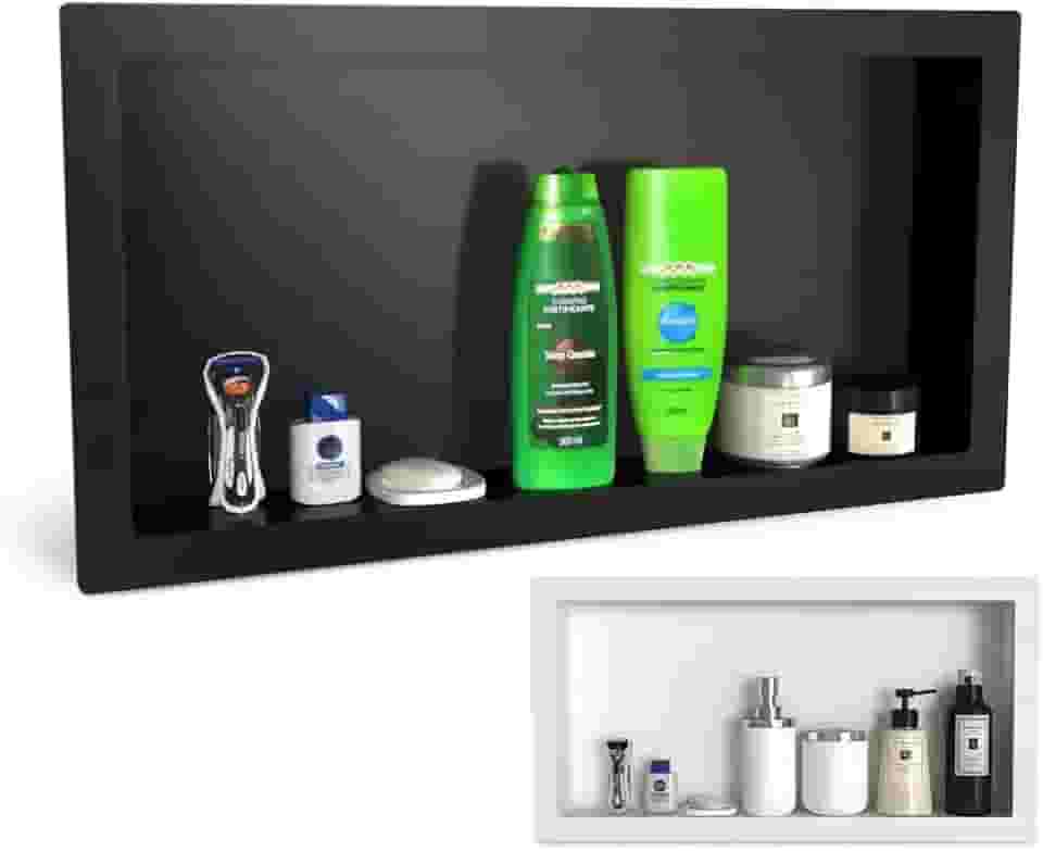 Nicho Plástico de Embutir Banheiro ou Cozinha 30cm x 60cm Porta Shampoo Sabonete Organizador Prateleira (Preto)