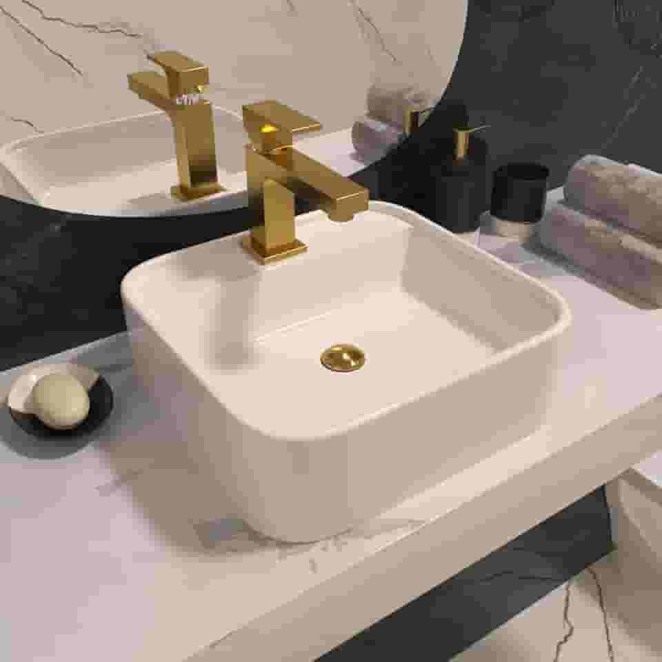 Cuba Pia De Apoio Para Banheiro Mármore Sintético Acabamento Branco Brilhante 32X31