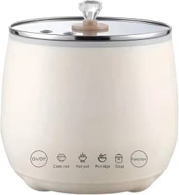 Mini Panela Elétrica Multifuncional, Branca, 1.8L, Cerâmica/Vidro, 350W, com Tampa e Colher, para Arroz, Caldo, Sopa e Mingau, 16x17cm (110, Volts)