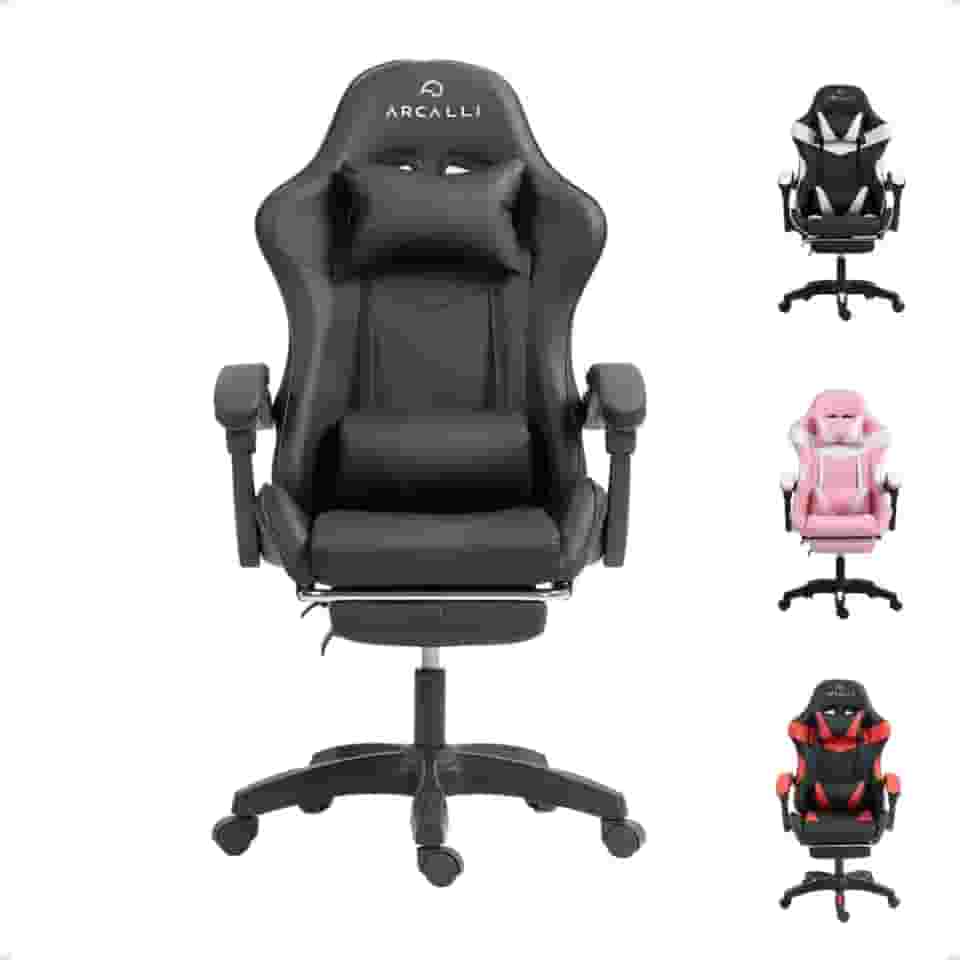 Cadeira Gamer Escritório Arcalli Ergonômica Profissional Descanso de Pernas (Preto)