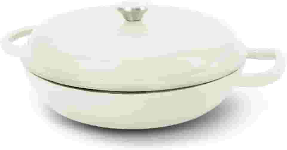 Forno holandês de ferro fundido esmaltado, panela de 3,8 litros com tampa, antiaderente, redondo, seguro para forno até 500F para marinar, cozinhar, assar, refrigerar e servir - branco creme