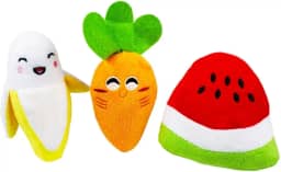 Kit 3 Brinquedos Pet Food Comida Cenoura Banana e Melancia De Pelúcia Com Apito Embutido Pelucias Interativas Anti Estresse Não Tóxica