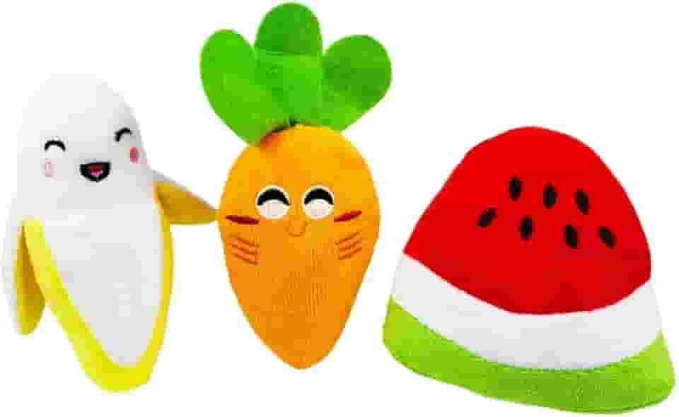 Kit 3 Brinquedos Pet Food Comida Cenoura Banana e Melancia De Pelúcia Com Apito Embutido Pelucias Interativas Anti Estresse Não Tóxica