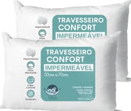 Travesseiro Confort Antialérgico, 50x70 cm, Kit 2 Unidades, Impermeável, Super Macio