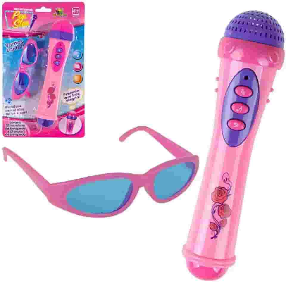 Microfone com Óculos Infantil Brinquedo Menina Pop Star Toca Música e Voz Karaokê Linha Premium M5 Armarinhos