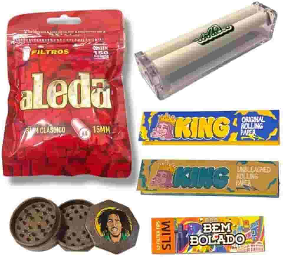 Kit Tabacaria Bolador Manual, Triturador Fibra de Coco, Filtro Aleda Classico, Sedas e Piteiras de Papel