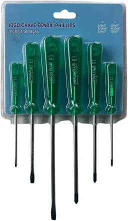 Conjunto Jogo 6 Chaves Phillips E Fenda Com Ponta Imantada Revestimento Níquel Em Aço Carbono